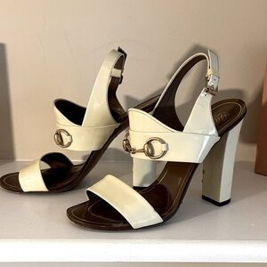 Gucci Cream Patent Leather Block Heel Sandals